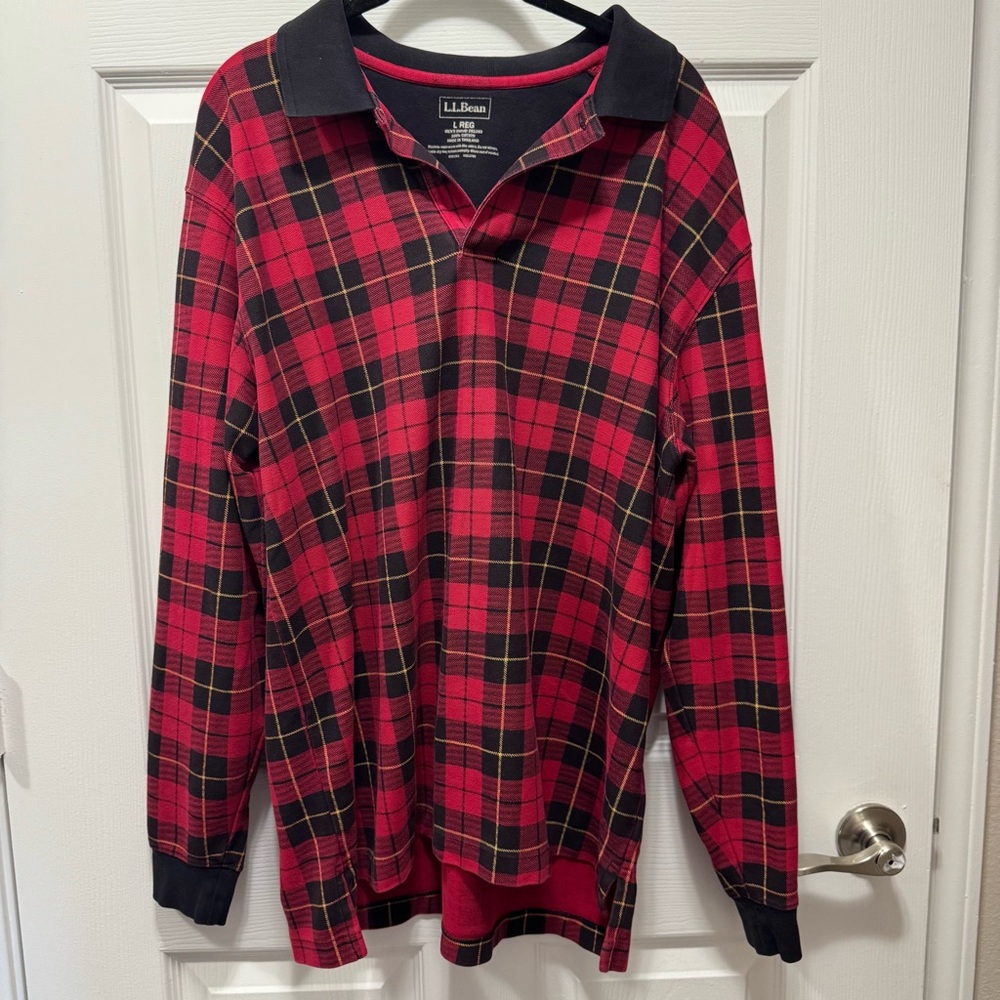 LL Bean Plaid Red and Black Long Sleeve Polo Shirt Size Men Large